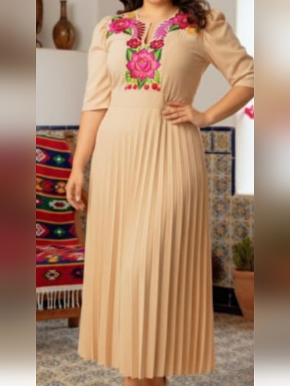 MEXICANA Beige Pleated Maxi Dress